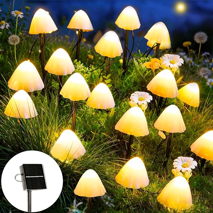 Joycome Ozdoby ogrodowe, zasilane energią słoneczną, 5 m, 20 diod LED, grzyb, wodoodporne, dekoracyjne lampki ogrodowe, na ścieżkę, krajobraz, ogrodzenie, trawnik, dekoracje halloweenowe (ciepła biel)