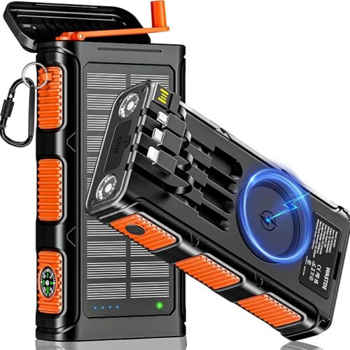 Bezprzewodowy Power Bank Solarny 26800mAh z Korbą Ręczną i 4 Kable, Power Bank Ładowarki Solarnej USB-C Szybkie Ładowanie 7 Wyjść 4 Wejścia na Telefon, Wodoodporna Bateria Zewnętrzna na Kemping