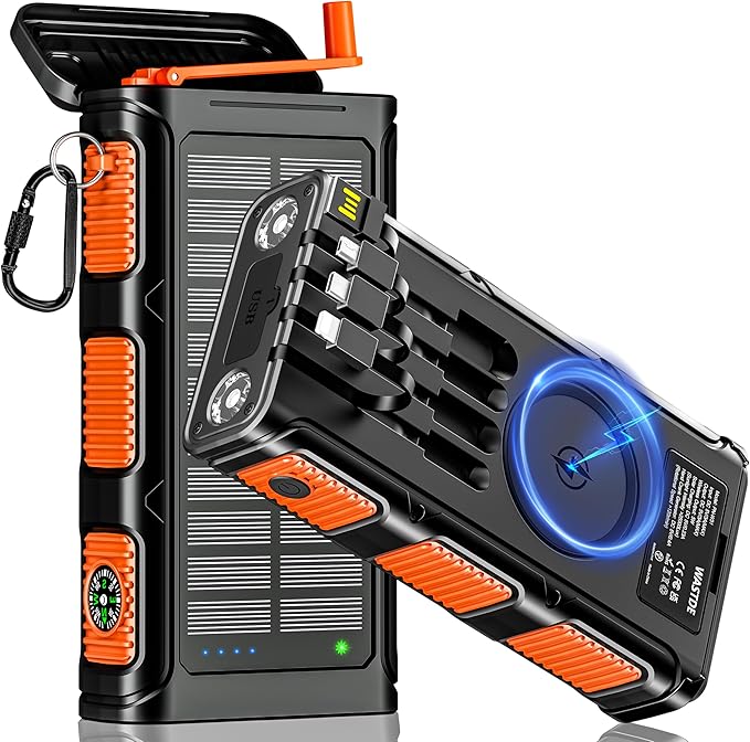 Bezprzewodowy Power Bank Solarny 26800mAh z Korbą Ręczną i 4 Kable, Power Bank Ładowarki Solarnej USB-C Szybkie Ładowanie 7 Wyjść 4 Wejścia na Telefon, Wodoodporna Bateria Zewnętrzna na Kemping