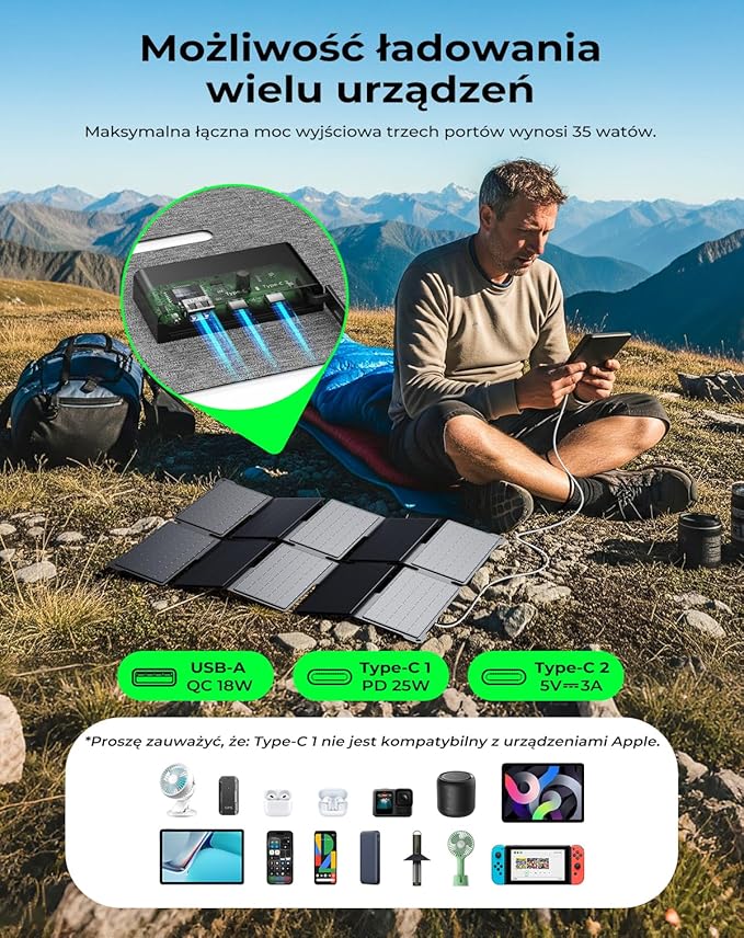 Przenośny Ładowarka Słoneczna BigBlue 35W z Szybkim Ładowaniem USB-A i PD 25W USB-C do Kampingu i Wędkowania, 0,7 kg, Wodoodporna IP68, Składana Ładowarka Słoneczna do iPhone/Android, iPad, Powerbank | Szybkie ładowanie USB-A i PD 25 W USB-C, na kemping, z plecakiem, 0,70 kg, wodoszczelność IP68 - obrazek 2