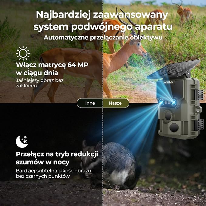 WOLFANG Kamera myśliwska Wildlife Camera, 64MP 4K z podwójnym obiektywem, zasilana energią słoneczną, z funkcją noktowizji Starlight 120°, aktywowana ruchem, IP66, wodoodporna, wyzwalana 0,1 s - obrazek 2