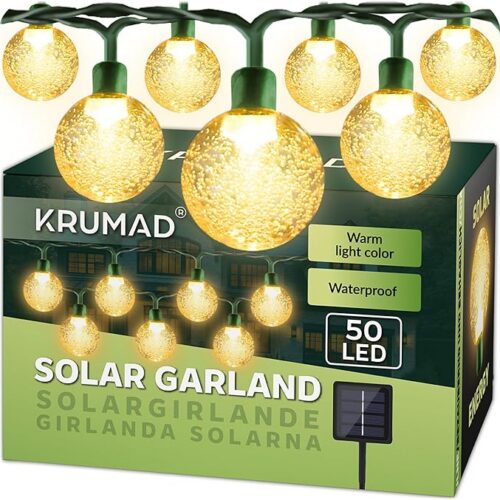 KRUMAD Girlanda Solarna LED, Oświetlenie Ogrodu i Tarasu, Wodoodporna IP65, Lampki Balkonowe, Dekoracyjne, Solarne Oświetlenie Zewnętrzne, 4 Tryby Świecenia, Ciepłe Światło (50 Lampek LED 7m)