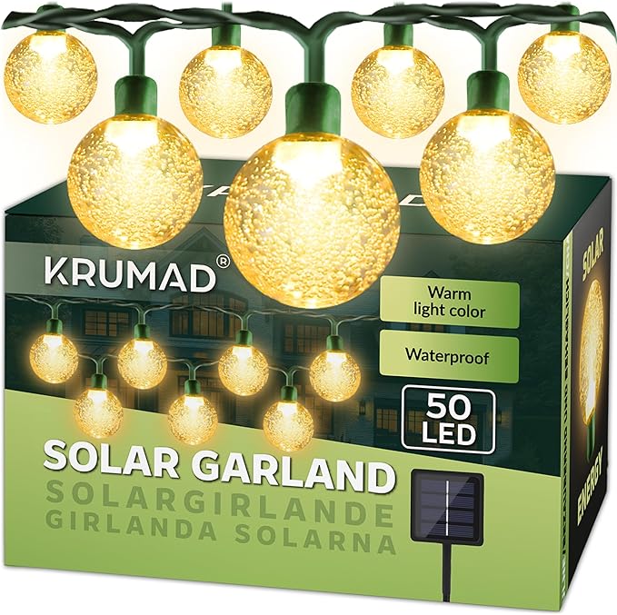 KRUMAD Girlanda Solarna LED, Oświetlenie Ogrodu i Tarasu, Wodoodporna IP65, Lampki Balkonowe, Dekoracyjne, Solarne Oświetlenie Zewnętrzne, 4 Tryby Świecenia, Ciepłe Światło (50 Lampek LED 7m)