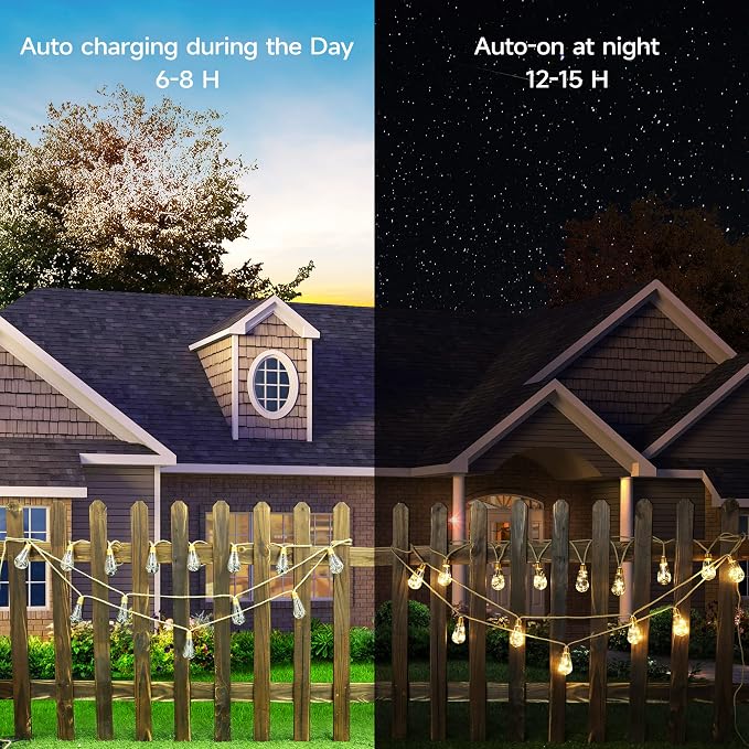 Geemoo Solarny łańcuch świetlny z liny konopnej, 8 m, 160 LED, wodoodporny, z 16 nietłukącymi się żarówkami, do ogrodu, na patio, imprezę, podwórko, dekoracja bożonarodzeniowa (ciepła biel) - obrazek 6