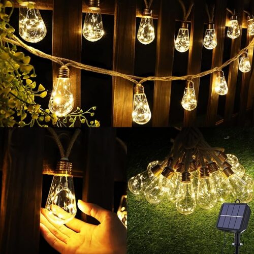 Geemoo Solarny łańcuch świetlny z liny konopnej, 8 m, 160 LED, wodoodporny, z 16 nietłukącymi się żarówkami, do ogrodu, na patio, imprezę, podwórko, dekoracja bożonarodzeniowa (ciepła biel)